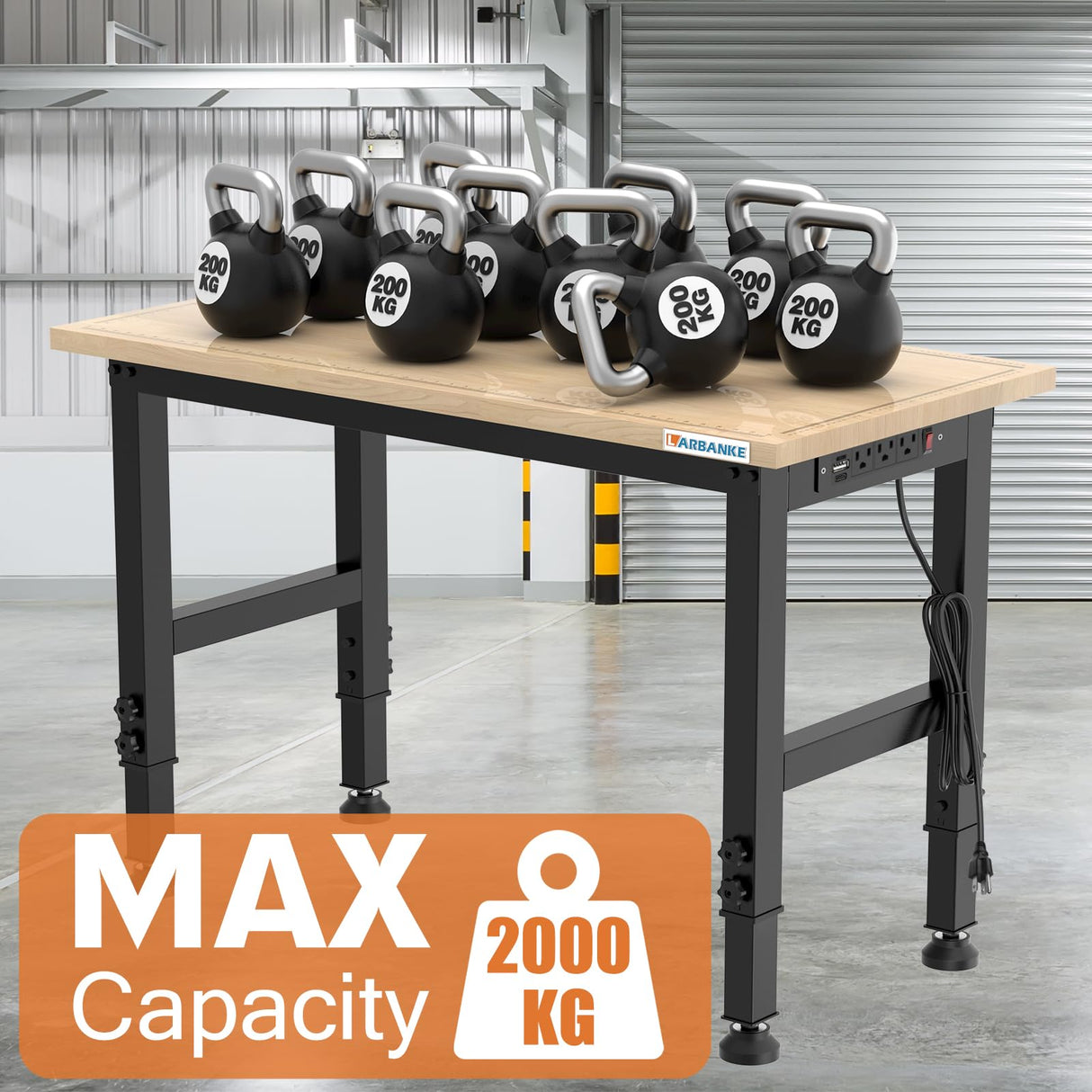 LARBANKE 48" Adjustable Workbench,Weight Capacity to 2000 LBS Heavy Duty Rubberwood Worktable,with 5 Adjustable Heights,Workbench with Scales,Power Panel,Suitable for Workshops,Offices and Homes LARBANKE