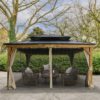 GAELOP DFHBFG 11 Ft. W X 13 Ft. D Solid Wood 2-Tier Patio Gazebo Metal Hard Top Gazebo with Curtains and Netting