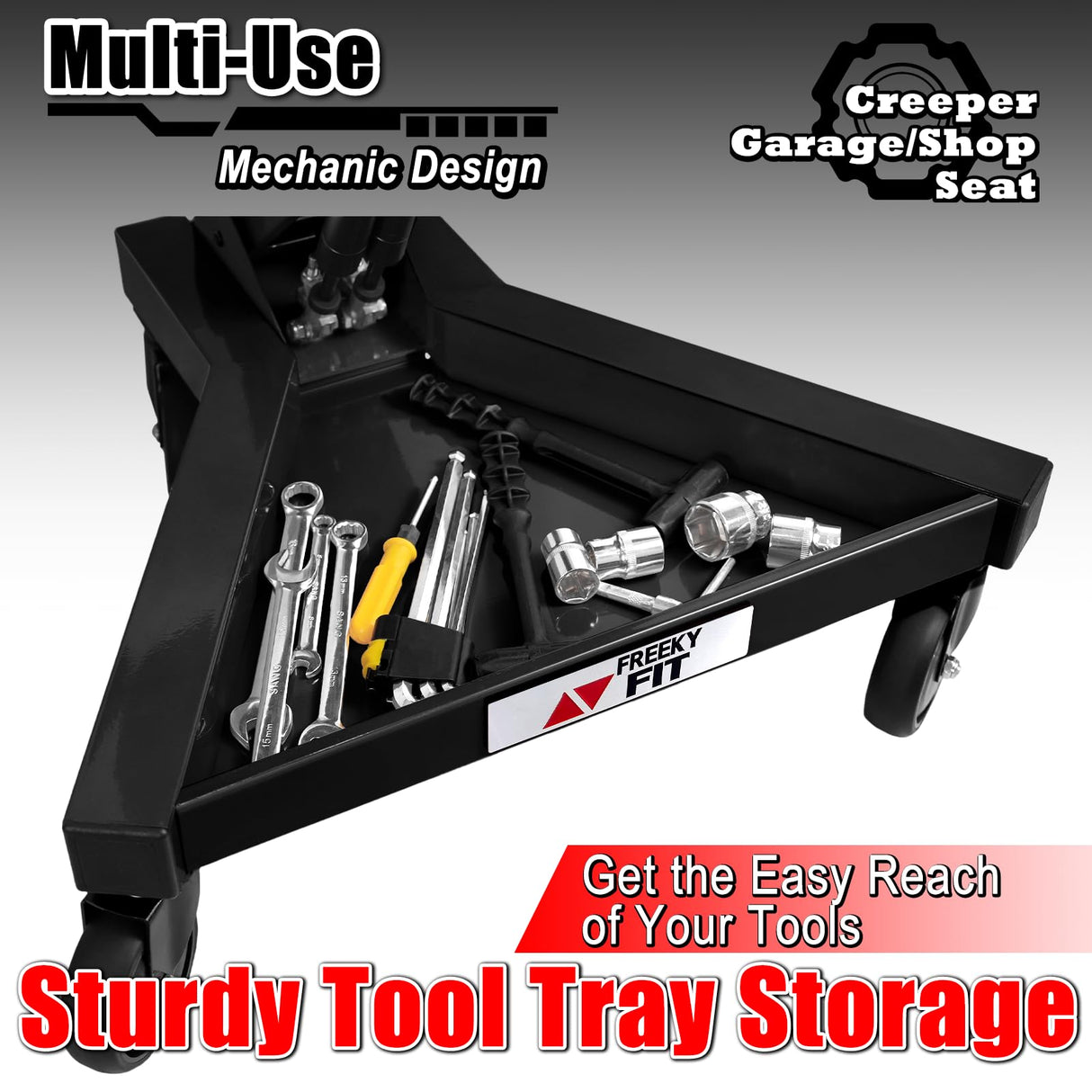 FreekyFit Mechanic Stool with Wheels, Hydraulic Adjustable Shop Stool on Wheels, Garage Work Rolling Stool Chair for Workshop, 400 LBS Capacity, 4 Inch Casters, 360° Swivel Padded Seat, Black FreekyFit