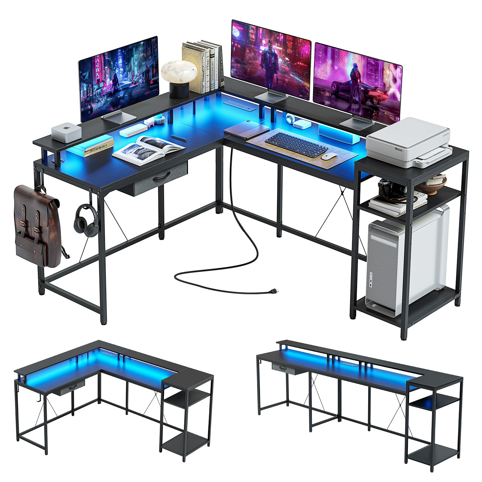 Jojoka L Shaped Gaming Desk,68" Computer Desk with Power Outlets & LED Lights, Home Office Desk with File Drawer, Corner Desk with Monitor Shelf and Hook, Two Person Desk (Black) - WoodArtSupply