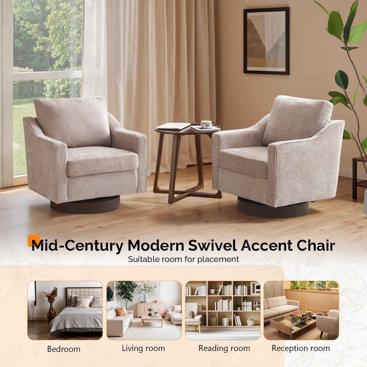VINGLI Mid-Century Modern Swivel Accent Chairs Set of 2, 360°Upholstered Armchairs, Home Sofa with Track Arms for Living Room, Bedroom, Reading Room, Club Swivel Chairs, Chenille Khaki VINGLI