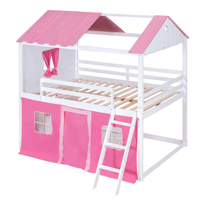 Harper & Bright Designs House Twin Loft Bunk Bed with Tent, Kids Loft Bed with Ladders,Guardrail, Windows and Roof, Wood Twin Over Twin Playhouse Bunk Bed for Kids Teens Boys & Girls (Pink & White)