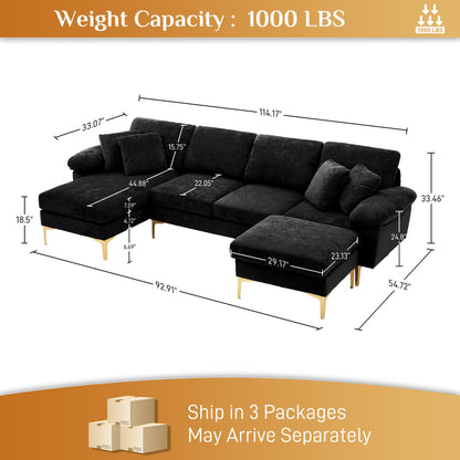 Wrofly U Shaped Sectional Sofa Couch, 114" Convertible L Shaped Sofa with Chaise Lounge & Ottoman, Modern Oversized Modular 4 Seat Sleeper Sofa Set for Living Room Office, Jet Black Velvet