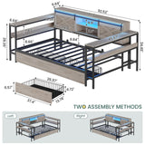 DICTAC Twin XL Corner Bed Frame with Storage Drawers,Charging Station and Led Lights Farmhouse Metal Platform Bed Frame with Sliding Barn Doors,Twin XL Daybed with Storage Headboard,Rustic Gray DICTAC