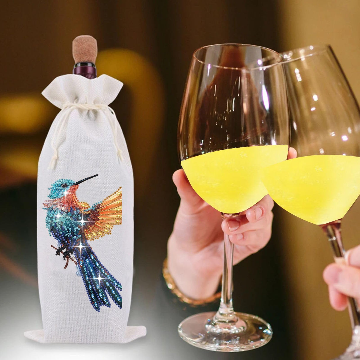 ARTopet DIY Diamond Christmas Wine Bottle Bags with Drawstring Diamond Art Painting Burlap Wine Gift Bags for Xmas Festive Holiday Party Wedding, Travel, Birthday-Hummingbird ARTopet