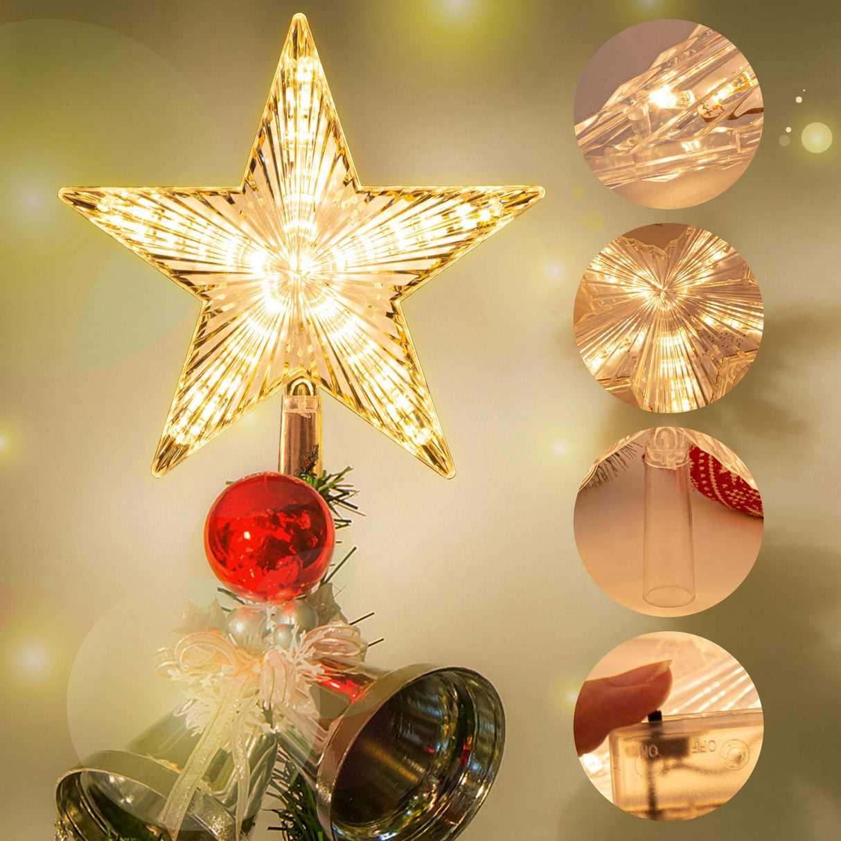 DDcafor Christmas Tree Topper - Warm White Light Star, Great Christmas Ornaments, New Year Toppers, 8.7'' Battery Powered DDcafor