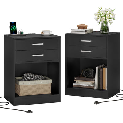 ADORNEVE Night Stand Set 2,Black Nightstand with Charging Station & Drawers,Night Stands for Bedrooms Set of 2,Bedside Table with Drawers