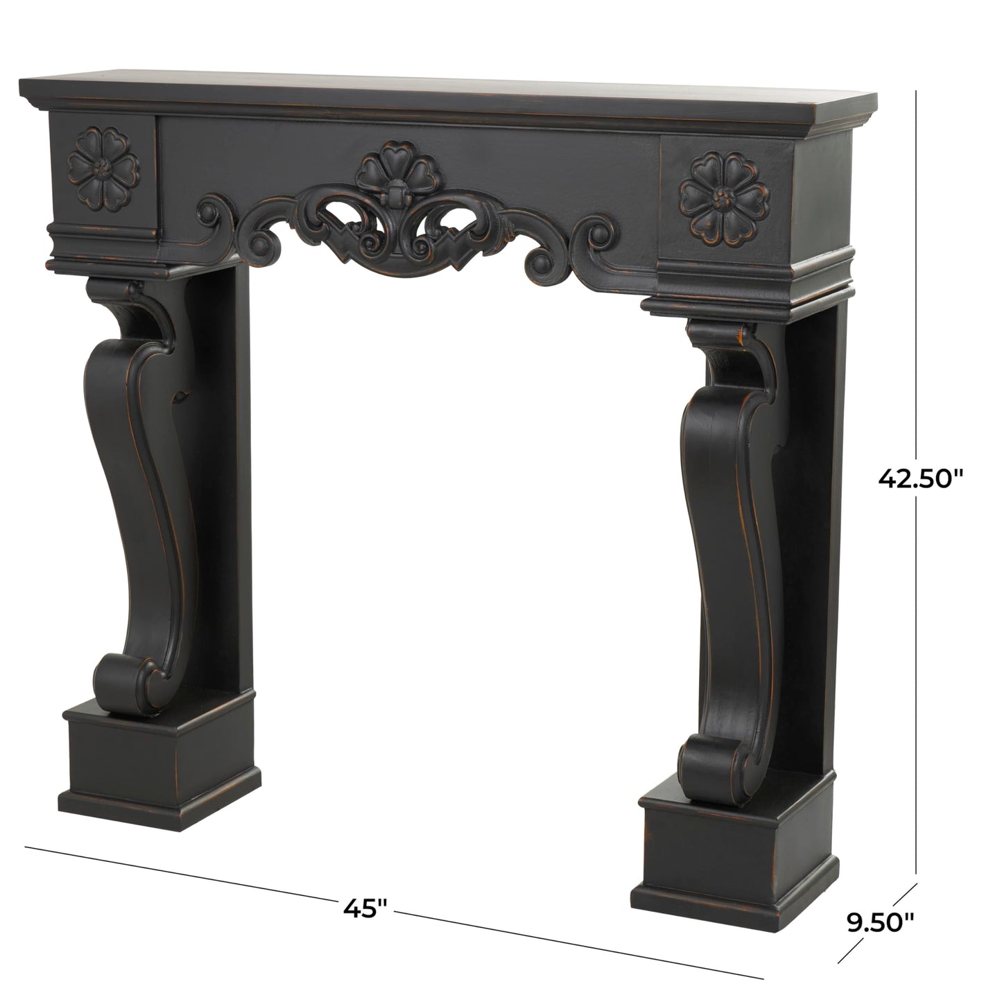 Deco 79 Wood Scroll Freestanding Fireplace Mantle with Floral Accents, 45" x 10" x 43", Black