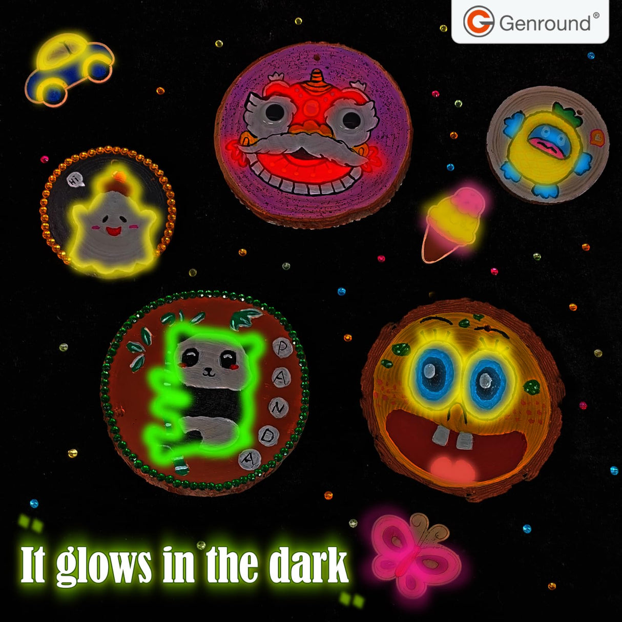Genround Wooden Crafts Kit for Boys and Girls, Glow in The Dark,20pcs Wood Slices with Painting Craft Activities Kits,Creative Art Toys for Boys and Girls Genround