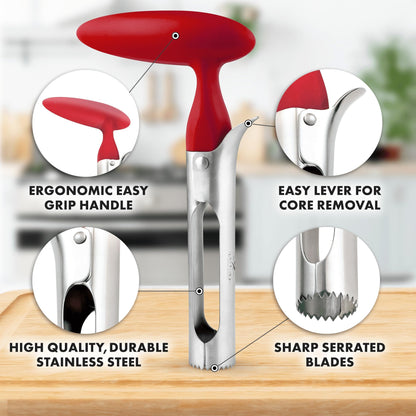 Zulay Kitchen Premium Apple Corer Tool - Ultra Sharp, Stainless Steel, Serrated Blades for Easy Coring - Easy to Use & Clean, Durable Apple Corer Remover for Baking Apples & More - Red