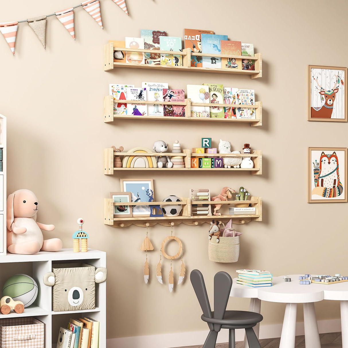 ECOOCE 34Inch Nursery Bookshelves,Set of 4,Wall Floating Shelf Kids Coat Rack with 6Hooks,Hanging Book Shelf for Baby Nursery Room Décor， Patent Number: 29958098(Burlywood, 34) ECOOCE