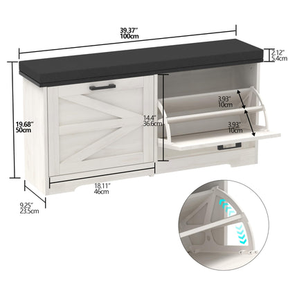 Trironsun White Shoe Storage Bench 2 Flip Drawers Shoe Rack Bench with Padded Seat Cushion Farmhouse Hidden Shoe Bench with Storage Shoe Cabinet 2 Barn Doors for Entryway Bedroom (Antique White)