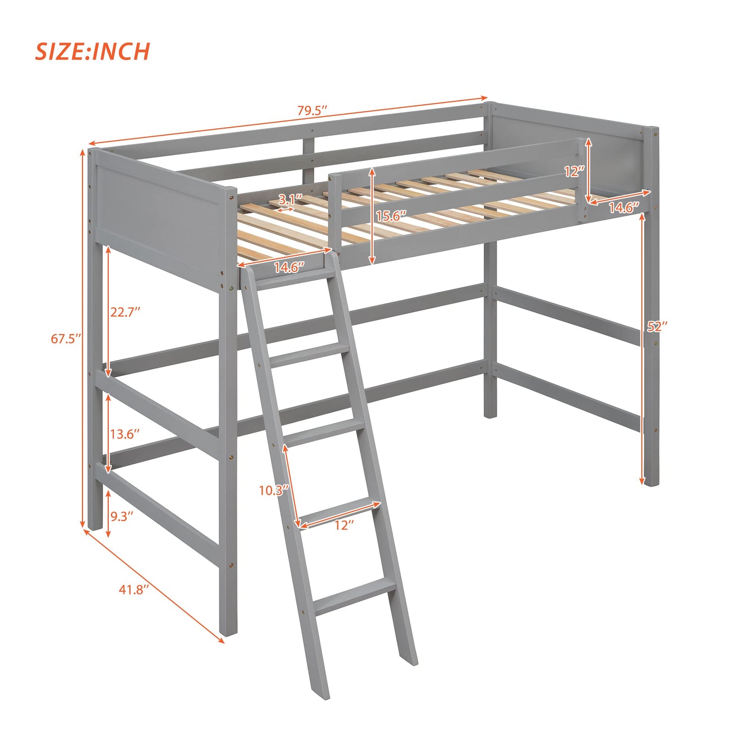 Stylish Grey Twin Loft Bed Frame with Angled Ladder by Harper & Bright Designs - WoodArtSupply