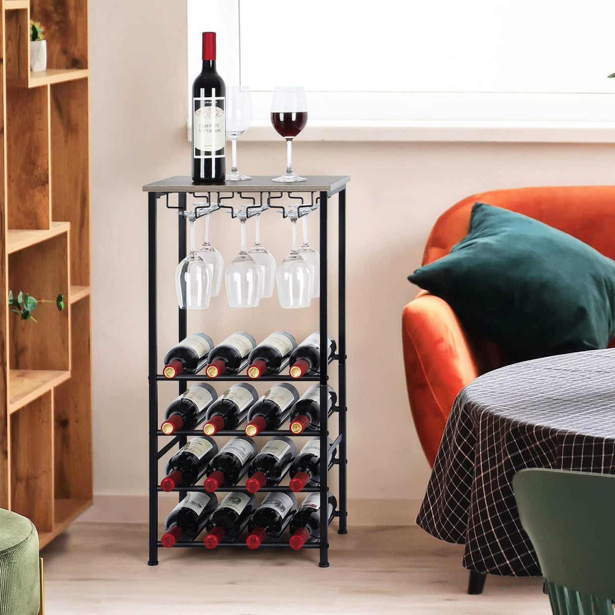 Wine Bottle Holder, Wine Rack Freestanding Floor with Glass Holder Rack, Wood Tabletop & 16 Bottles Holder, Wine Liquor Cabinet Bar for Home Kitchen, Dining Living Room, Gray Oak OYEAL