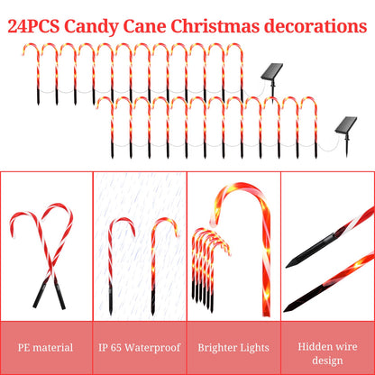 24-Pack Upgraded Solar Christmas Candy Cane Lights, Solar Pathway Lights Waterproof, Christmas Decorations Outdoor with 8 Modes for Party Patio Garden Lawn Yard Decor