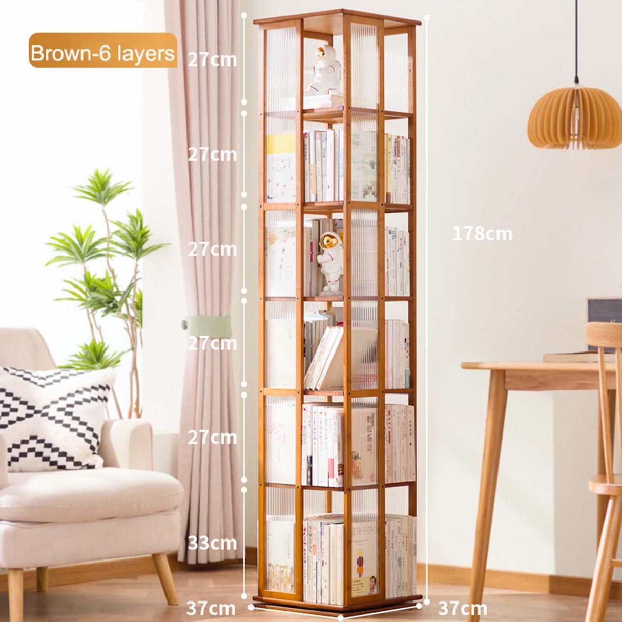 360° Rotating Brown Bookshelf - 6-Tier Floor Standing Corner Organizer for Small Spaces Generic