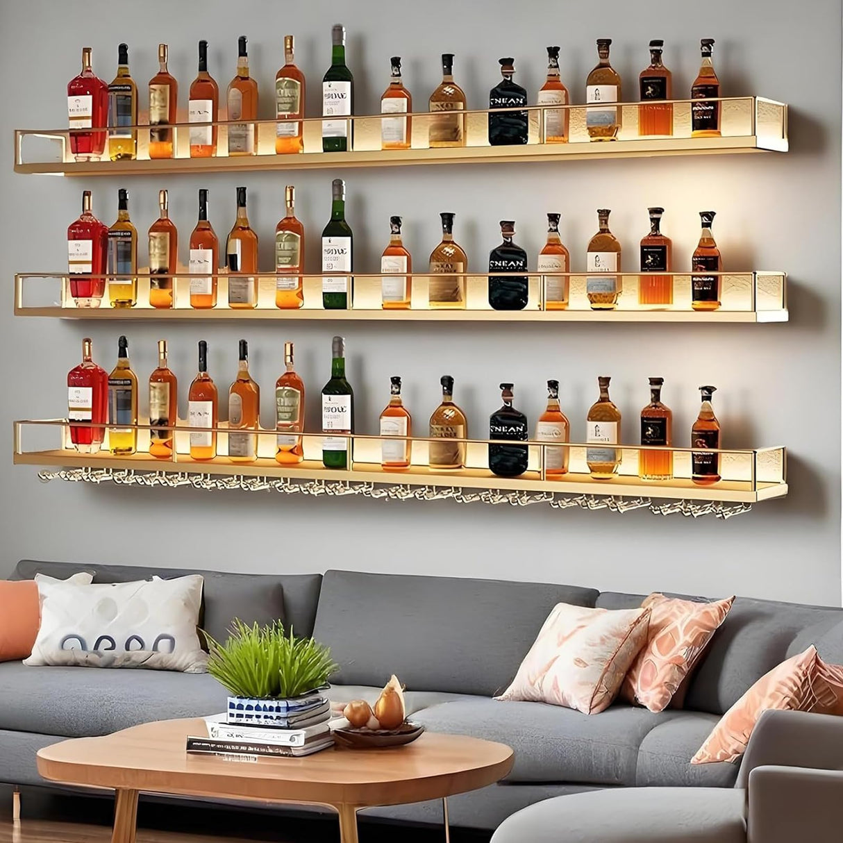 71in Wall-Mounted Metal Wine Rack with LED Lights 3-Tier Floating Bar Shelves with Wine Glass Rack Large Wine Bottle Display Rack Hanging Shelf, for Home Bar Dining Room Decorative (black, 180cm/71in) Dawselod