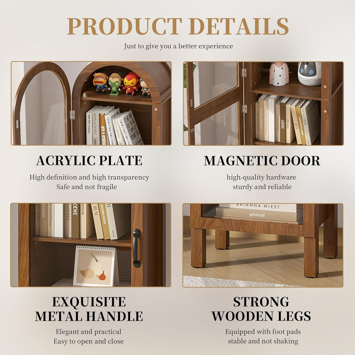 Lxsxlome 64.17 in Tall Arched Display Cabinet with Acrylic Glass Doors 5-Tier Kitchen Pantry Storage Cabinets Modern Wood Curio Cabinet Bookcase for Living Dining Room (Walnut, 16.92‘’W) Lxsxlome