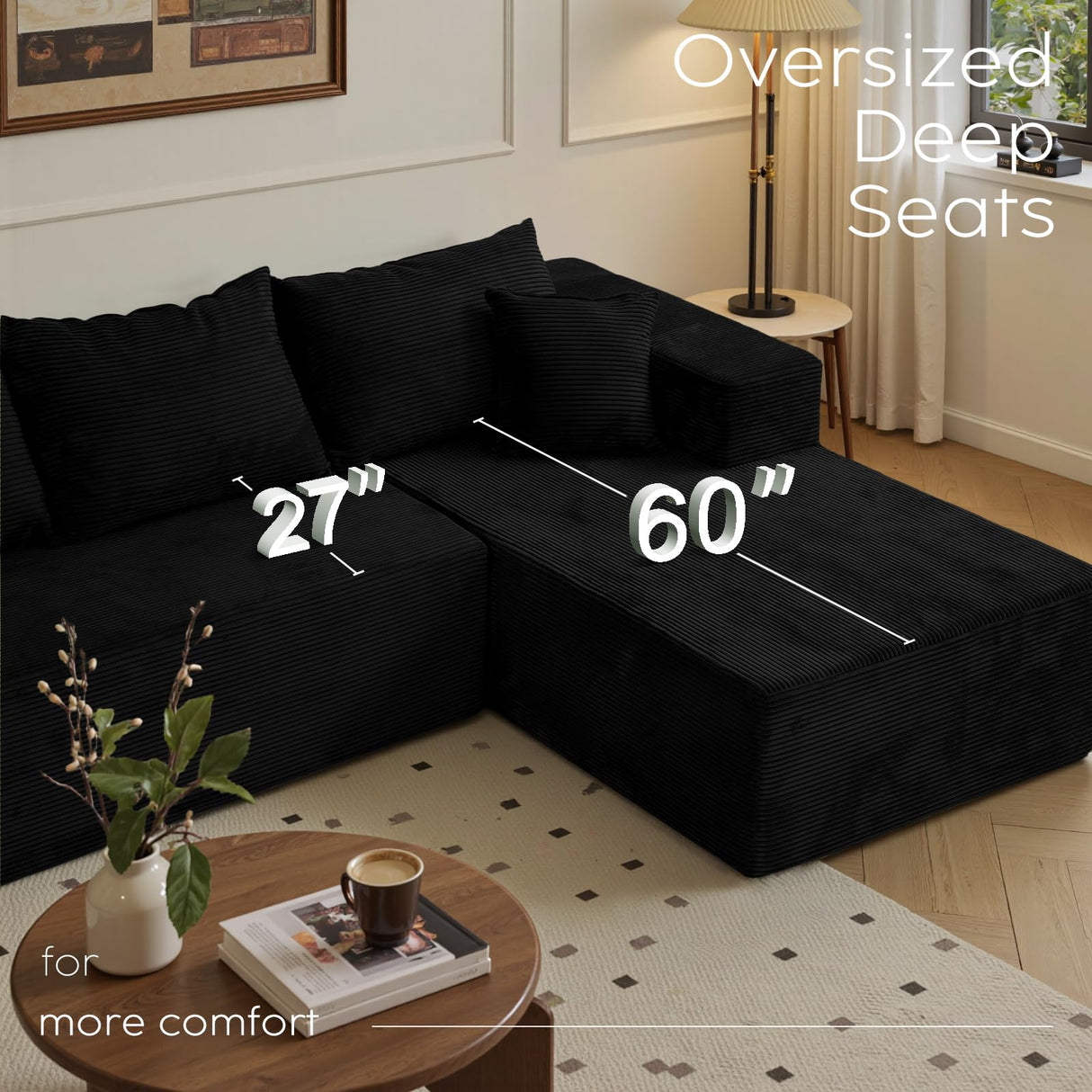 Black Cloud Couch Sectional Sofa in Box with L-Shape Chaise,Modern Modular Couches Upholstered with Deep Seat for Living Room,No Assembly Required SIMTONAL