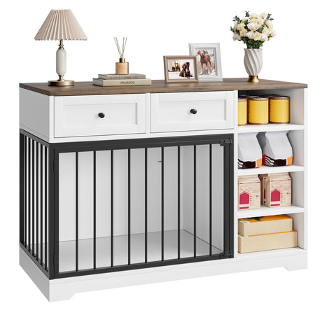 Dog Crate Furniture 47”, Large Dog Crate TV Stand with 2 Drawers and 4 Shelves, Wooden Dog Kennel Indoor, Decorative Dog Cage with Storage for Large Dogs, White GarveeHome