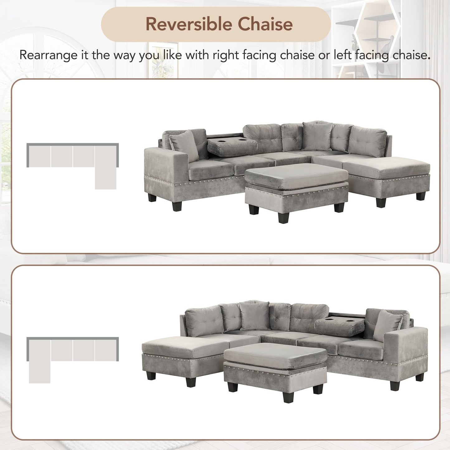 P PURLOVE Sectional Sofa with Reversible Chaise and 2 Pillows, Polyester L-Shaped Sofa with Storage Ottoman and Cup Holders, Sectional Couche Living Room Furniture Sets (Gray) - WoodArtSupply