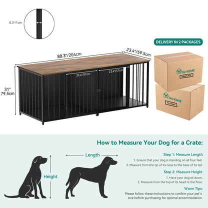 YITAHOME Double Dog Crate Furniture, 80.2 inch Large Breed Dog Kennel with Divider, Heavy Duty Dog House TV Stand Indoor for 2 Medium Dogs, Black - WoodArtSupply