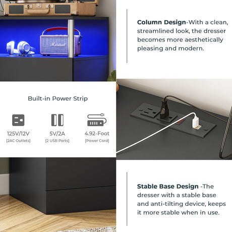 AOGLLATI Dresser for Bedroom with Column Design, 4 Drawer Dresser with Charging Station, Modern Bedroom Led Tall Black Dresser for Bedroom Closet AOGLLATI