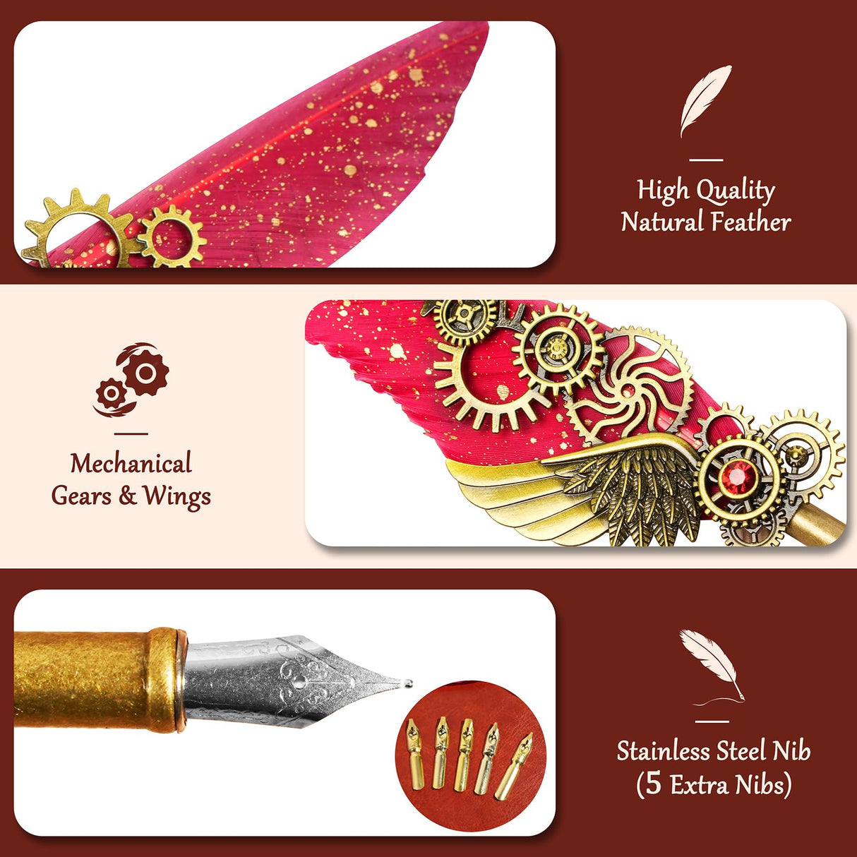 Feather Quill Pen and Ink Set,Antique Calligraphy Set with Leather Journal Notebook,Feather Pen,5 Gold Nibs,Pen Holder,Ink,Calligraphy Kits for Beginners Christmas Gift GrnVibe