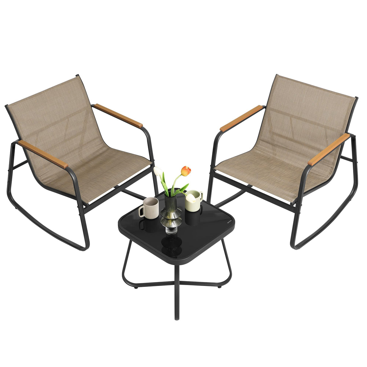 SONGMICS 3-Piece Patio Furniture Set, Garden Coversation Set, 2 Rocking Chairs, Table, Outdoor Lawn Backyard, Steel, with Armrests, Breathable Synthetic Fabric, Yellowish Brown UGGF0027K01 SONGMICS
