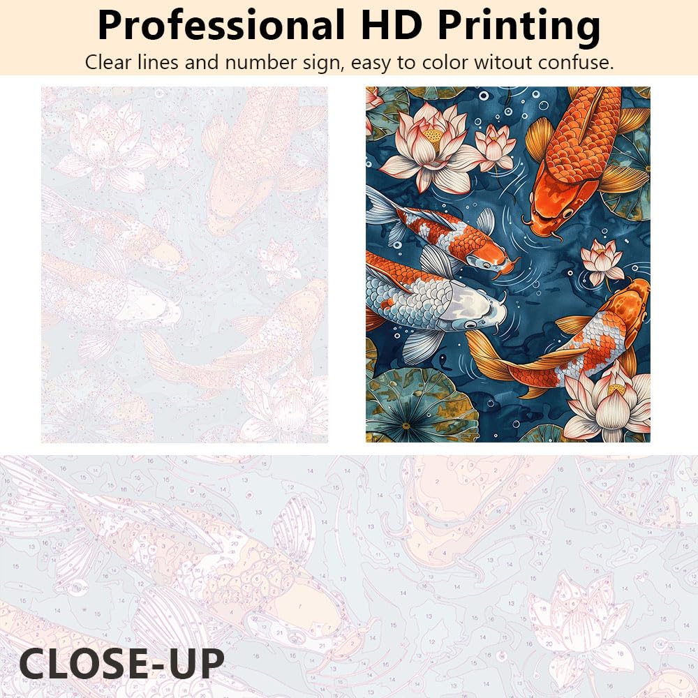 Paint by Numbers Kit for Adults, Adult Paint by Number Kits - Colorful Koi Fish in Serene Lotus Pond with Beautiful Lotus Leaves and Flowers - 16x20 Inch TUMOVO