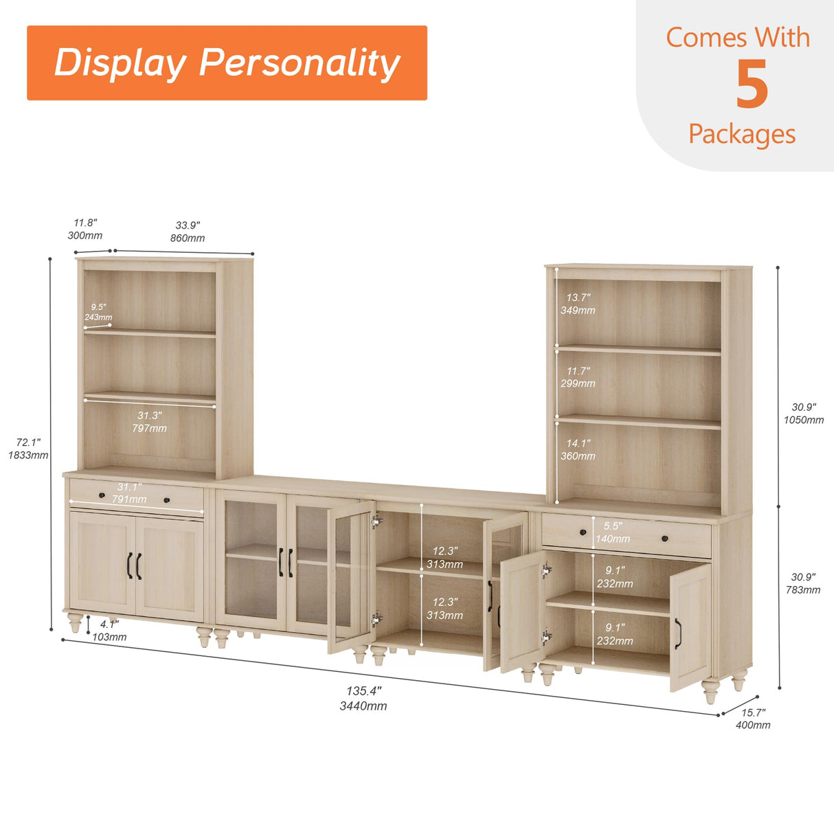 WAMPAT Entertainment Center with Bookshelves for TVs up to 75", Farmhouse Wall Unit TV Stand with Glass Doors & Drawer, Media Console Table for Living Room, Bedroom & Home Theater, Beige WAMPAT