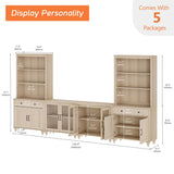 WAMPAT Entertainment Center with Bookshelves for TVs up to 75", Farmhouse Wall Unit TV Stand with Glass Doors & Drawer, Media Console Table for Living Room, Bedroom & Home Theater, Beige WAMPAT