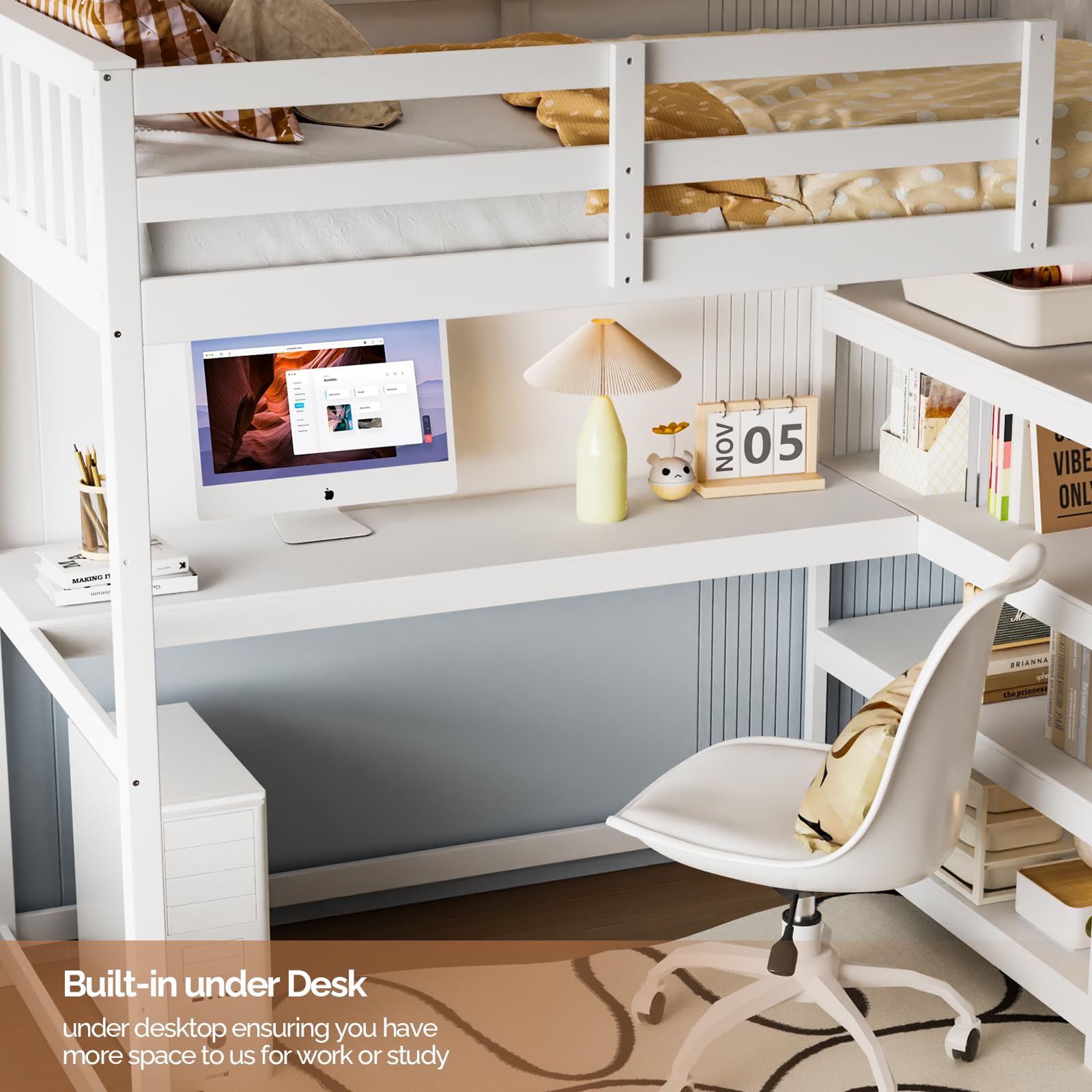 Bunk Bed with Desk and 4-Layer Shelves, Loft Bed Twin Size with Under Desk and Bookcase Storage, Twin Bed Frame for Kids, Adults& Young Teens, White - WoodArtSupply