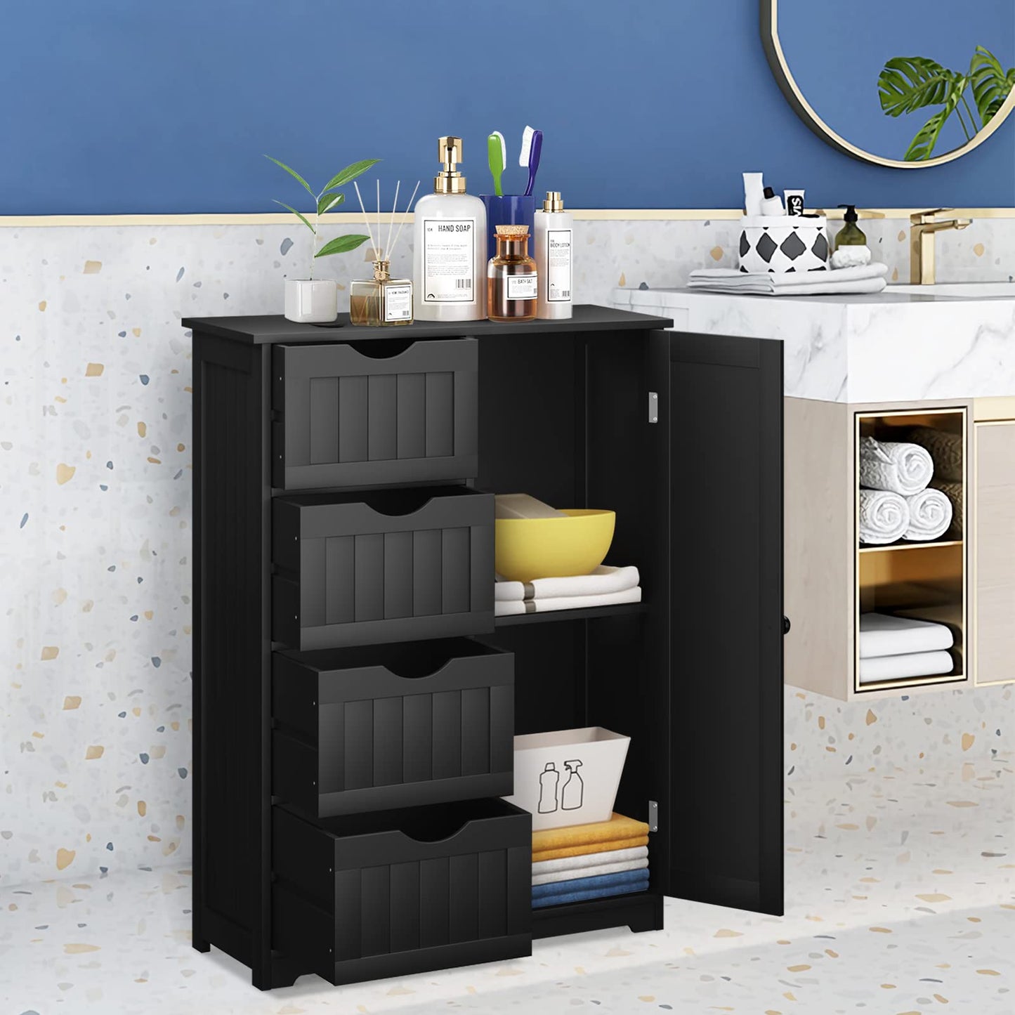 Tangkula Bathroom Floor Cabinet, Freestanding Storage Cabinet with 4 Drawers & Single Door, Adjustable Shelf, Multipurpose Bathroom Storage for Home Office, 22 x 12 x 32 Inches (Black) - WoodArtSupply