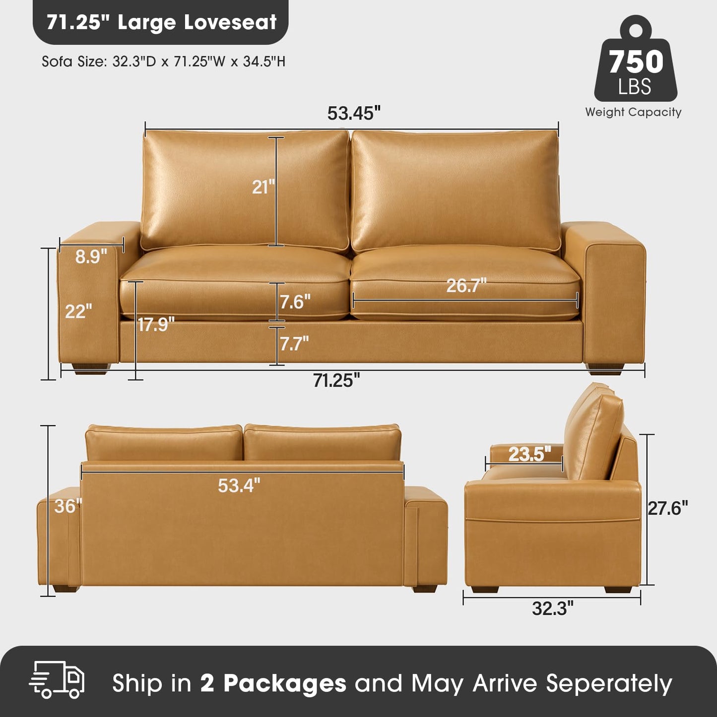 Valthie Faux Leather Couch, Mid Century Modern Comfy Loveseat Sofa with Wide Arm, Side Pockets, Solid Wooden Frame for Office, Living Room and Bedroom, 2 Seater (Brown, 71.25 Inches)