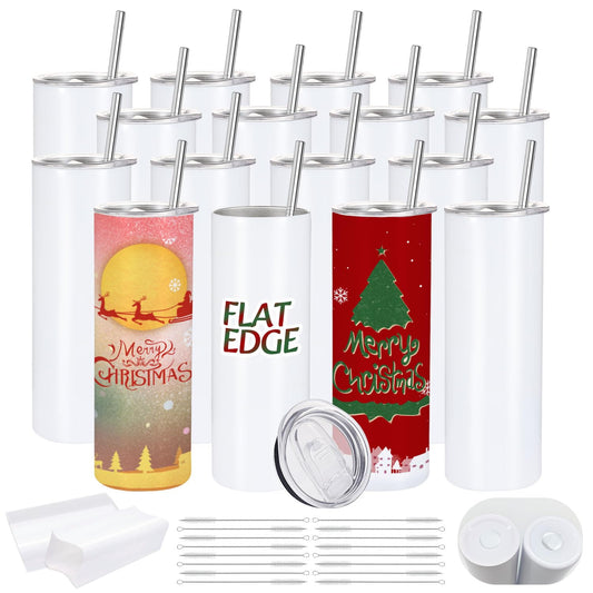 YOUKE OLA 16 Pack Sublimation Tumblers Flat Edge Blanks Skinny Straight Bulk 20 oz, Stainless Steel Double Wall Insulated Sublimation with Straw & Lids for Heat Transfer, White