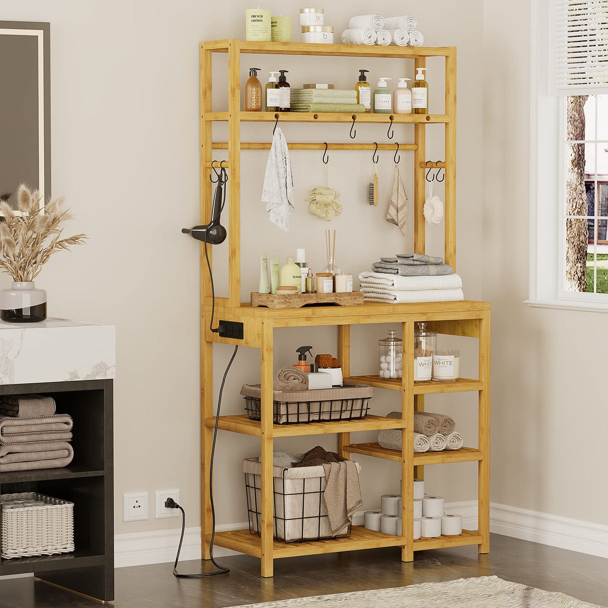 FORABAMB 8-Tier Bamboo Bakers Rack with Power Outlets and S-Shaped Hooks FORABAMB