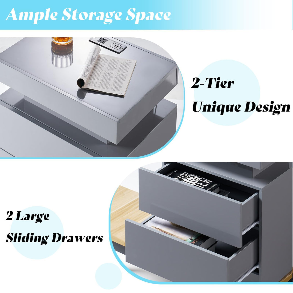 AMERLIFE High Gloss LED Nightstand Set of 2 with Charging Station, Modern Bedside Table Night Stand with LED Lights, Sofa End Side Tables with Drawers for Bedroom Living Room, Gray AMERLIFE