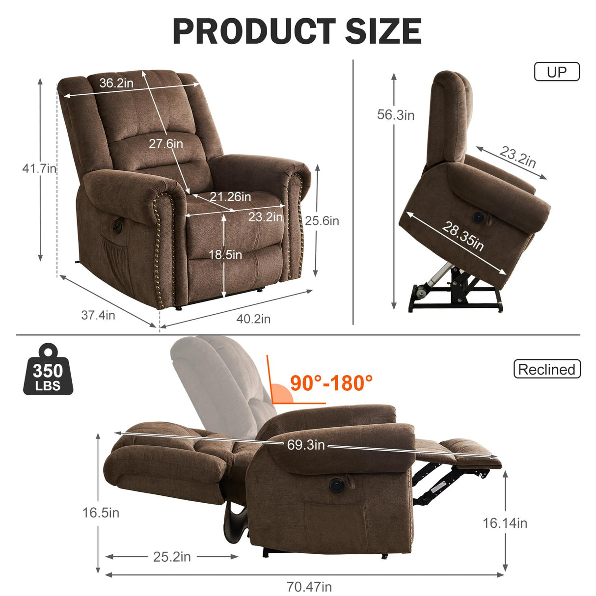 HUSFU Dual Motor Lay Flat Power Lift Recliner Chair for Elderly with Heat and Massage, Infinite Position Large Recliner Chairs w/USB Ports and Remote Control,Chenille,Brown HUSFU