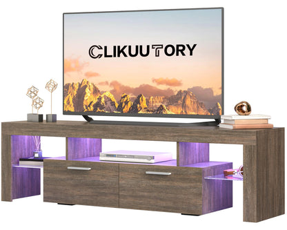 Clikuutory Modern LED TV Stand with Large Storage Drawer for 40 50 55 60 65 70 75 Inch TVs, Brown Wood Farmhouse TV Console with Glossy Entertainment Center for Living Room, Bedroom