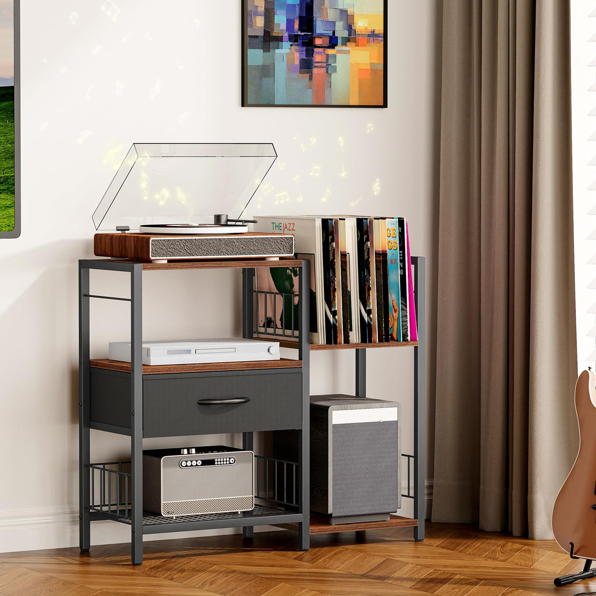 Snughome AV Media Stand, Record Player Stand with Vinyl Storage Holds up to 280+ Albums, Audio Video Rack Album Storage Shelves for Vinyl, Turntable Stand Record Holder Media Console Stereo Cabinet Snughome