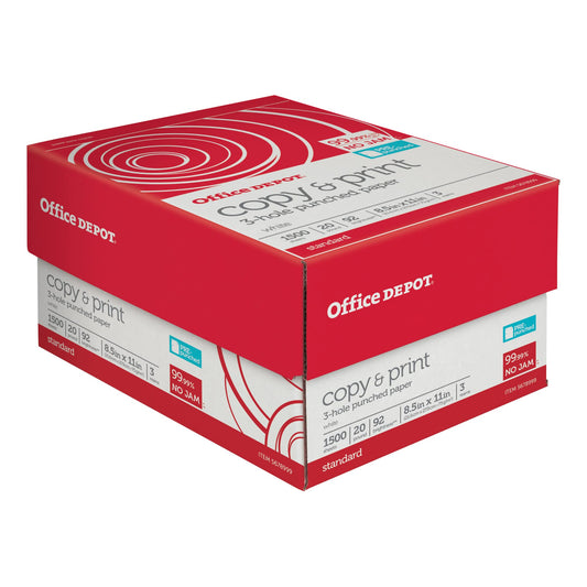 Office Depot® 3-Hole Punched Multi-Use Printer & Copy Paper, 3 Reams, White, Letter (8.5" x 11"), 1500 Sheets Per Case, 20 Lb, 92 Brightness