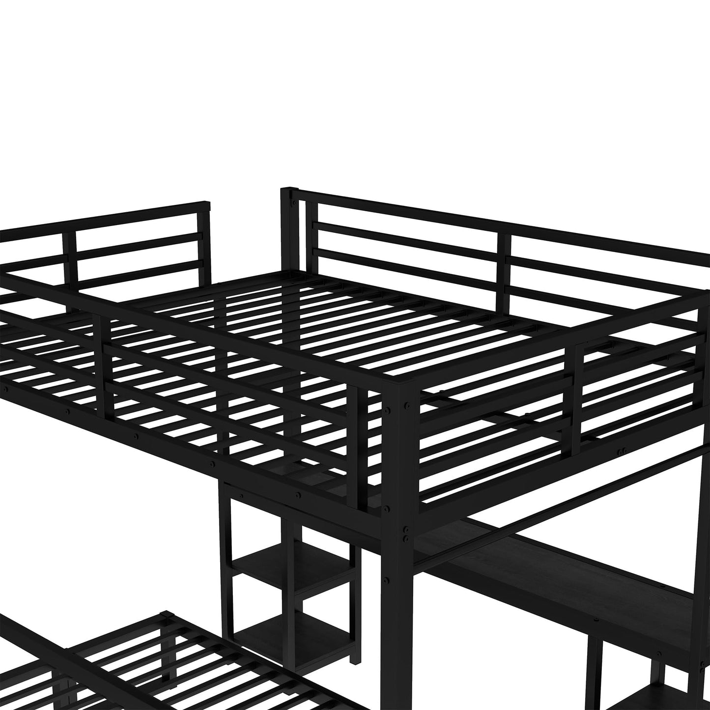 SOFTSEA Queen Over Twin XL Metal Bunk Bed with Desk and Shelves, Metal Bed Frame with LED and USB, Multiple Uses Folds into Sofa, No Box Spring Needed, Black