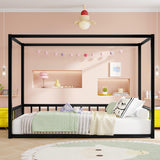 Twin Size Canopy Bed Frame with 4 Posters and Guardrails, Twin Size Montessori Floor Bed with High Fence, Anti Bump Design, Easy Assemble, Metal Montessori Bed Black Bellemave