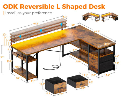 ODK L Shaped Gaming Desk with File Drawers, Reversible Computer Desk with Power Outlets & LED Lights, Home Office Desk with Storage Shelves, 61 Inch Bedroom Corner Desk with Monitor Stand, Vintage
