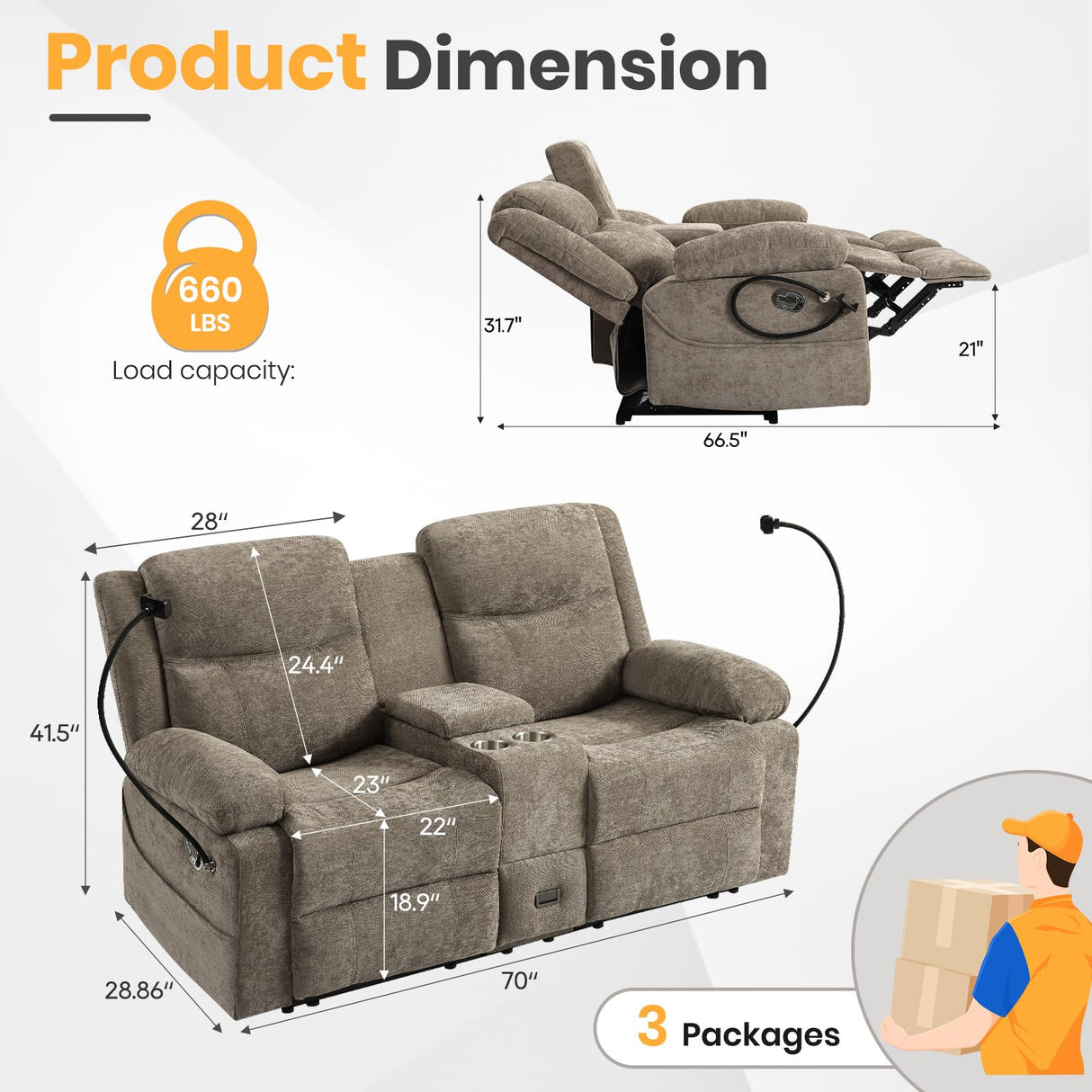 RIHEREFY Loveseat Recliner Sofa, Reclining Loveseat with Console, RV Wall Hugger Double Loveseat Recliner Couch for Living Room & Home Theater (Chenille-Camel) RIHEREFY