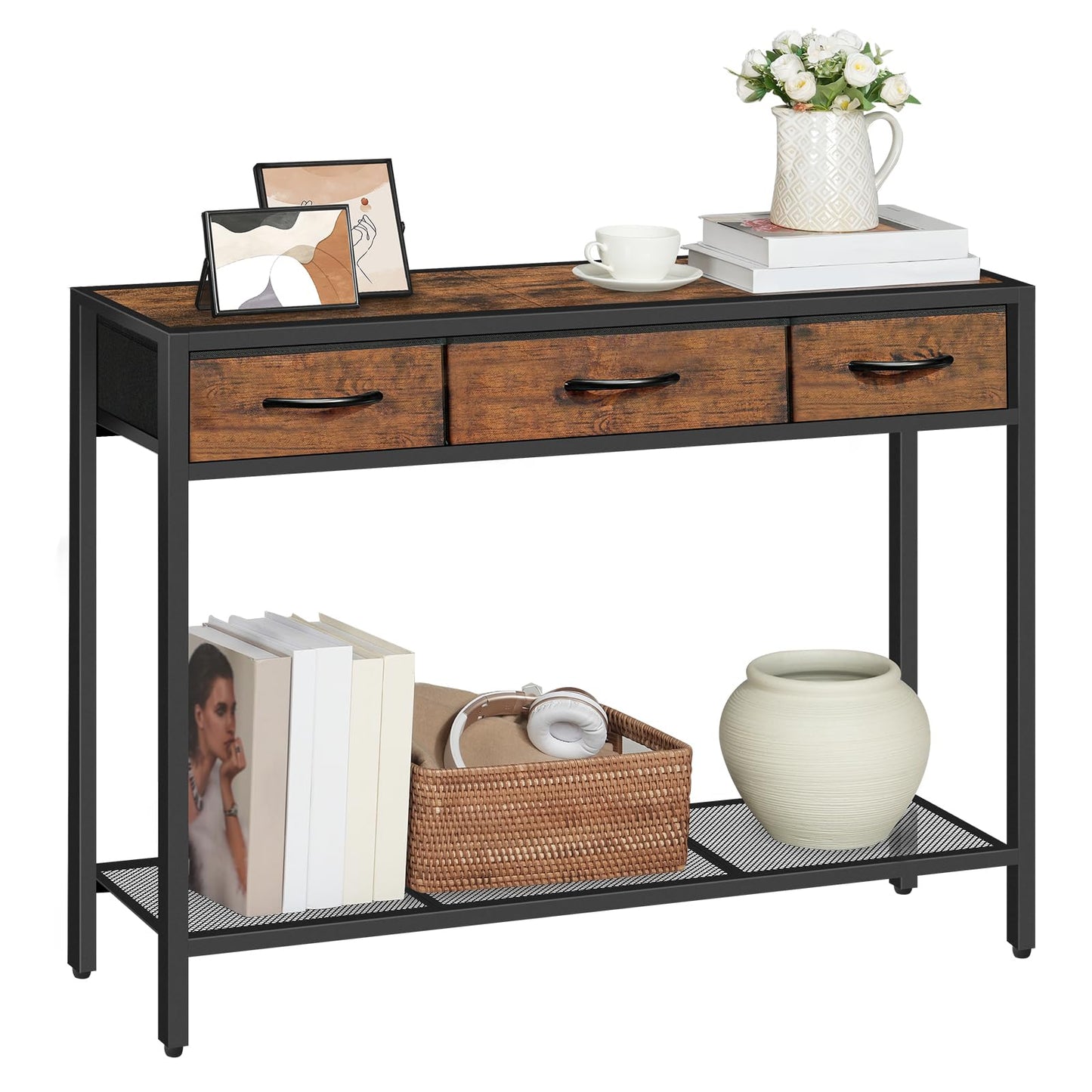 MAHANCRIS Console Table with Drawer, Industrial Entryway Table with Storage, Narrow Sofa Foyer Table for Living Room, Entrance, Hallway, Couch, Corridor, Rustic Brown and Black CTHR23301