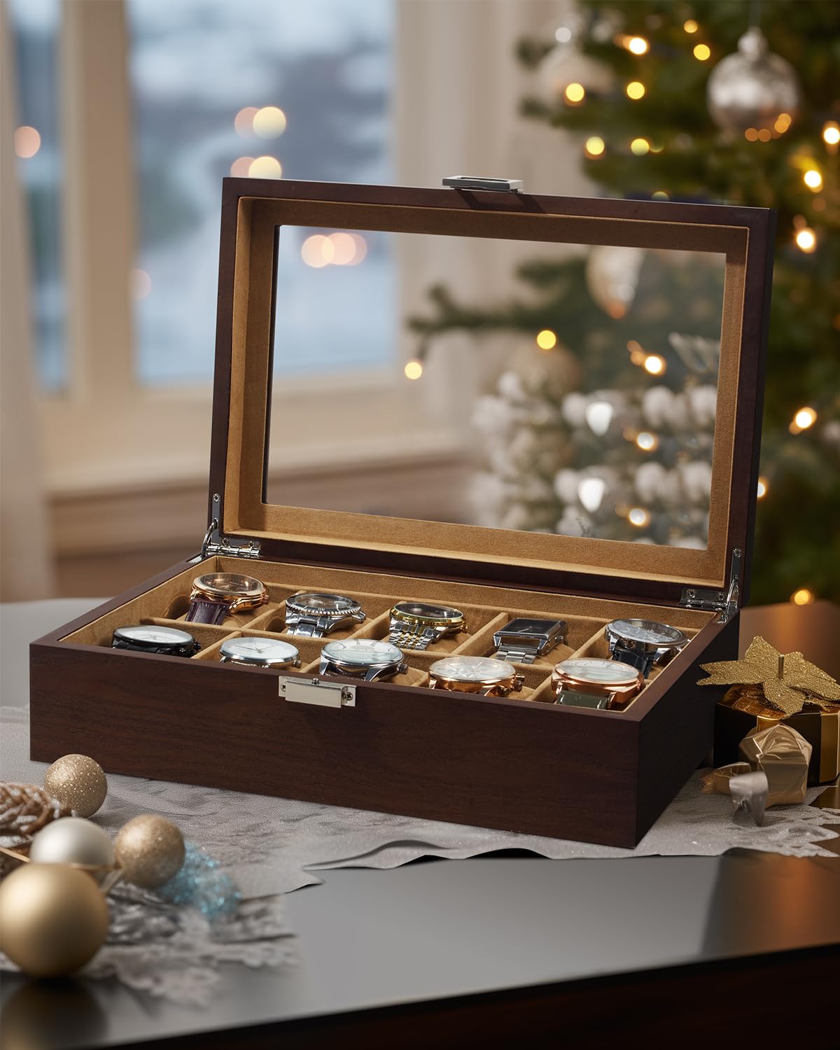 GUKA Watch Box, 10 Slot Watch Case with Real Glass Lid, Wood Watch Display Case with Cloth Watch Pillow, Watch Storage Box for Men and Women, Brown GUKA