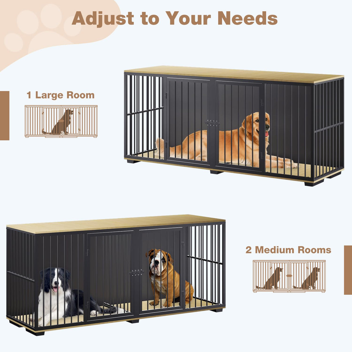 EBE Dog Crate Furniture, 71.6'' Metal Steel Frame Double Dog Kennel with 2 Rooms and Removable Divider, Heavy Duty Dog Crate Table Indoor TV Stand for Small Medium Large Dogs Black EBE