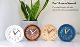 Driini Wooden Analog Desktop Clock – 4.3 in. Decorative Pinewood Clock, No-Tick Design – Easy to Read Silent Sweep Mantle Clock – Quiet Tabletop Clocks with Wood Body, Hands, & Battery Cover; Light Driini